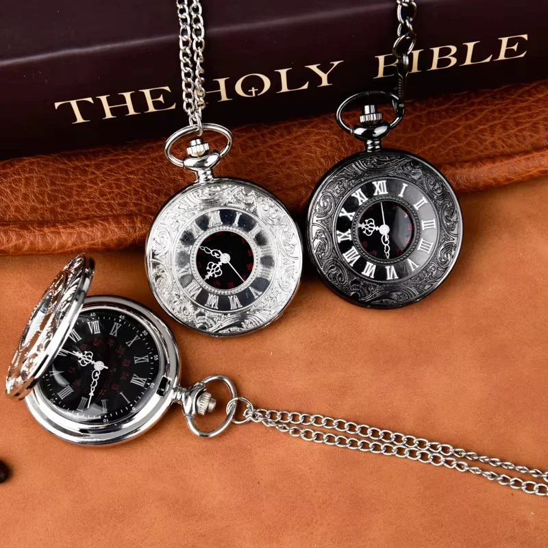 Quartz watch retro Roman digital pocket watch Thick chain quartz watch large retro Roman Digital black silver pocket watch
