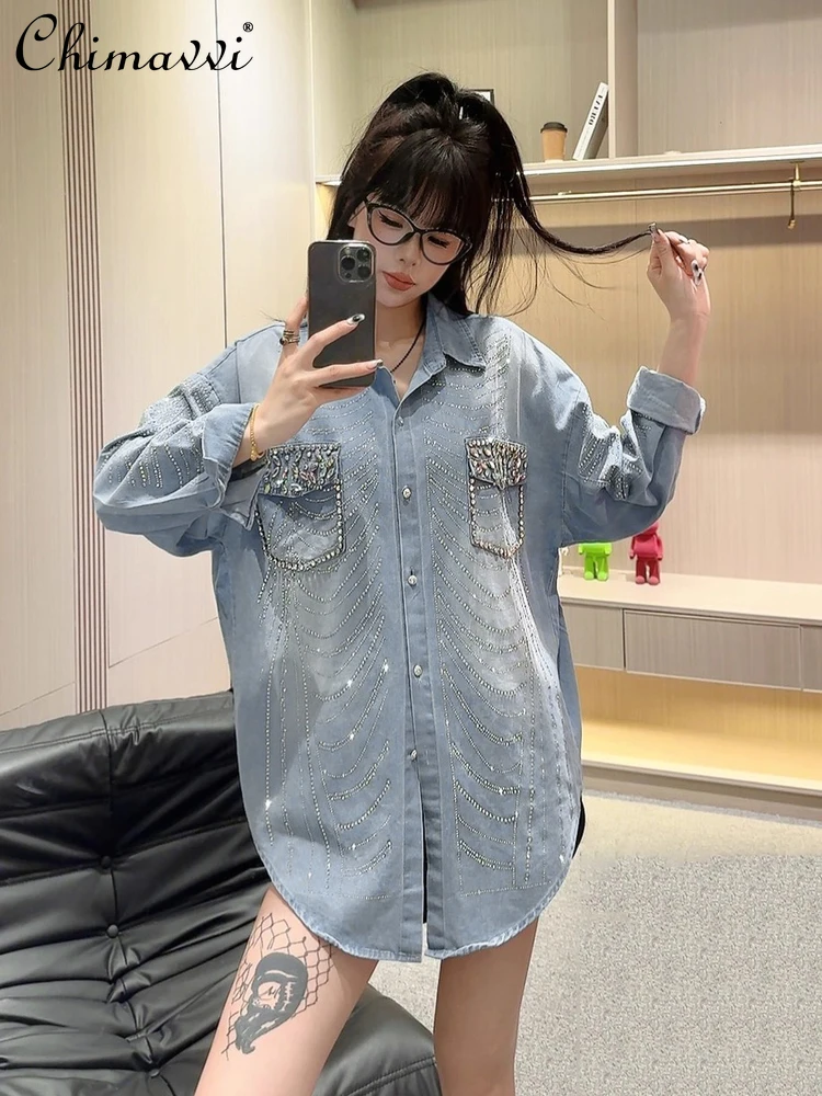

2025 Autumn Clothes New Heavy Industry Rhinestone Design Denim Shirt Jacket for Women Loose Fashion Sweet Cool Girl Shirt Top