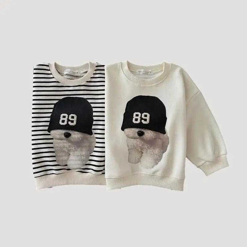 2026 Autumn New Children Long Sleeve Casual Sweatshirt Boys Girls Cute Cartoon Print Tops Baby Striped Pullover Kids Clothes