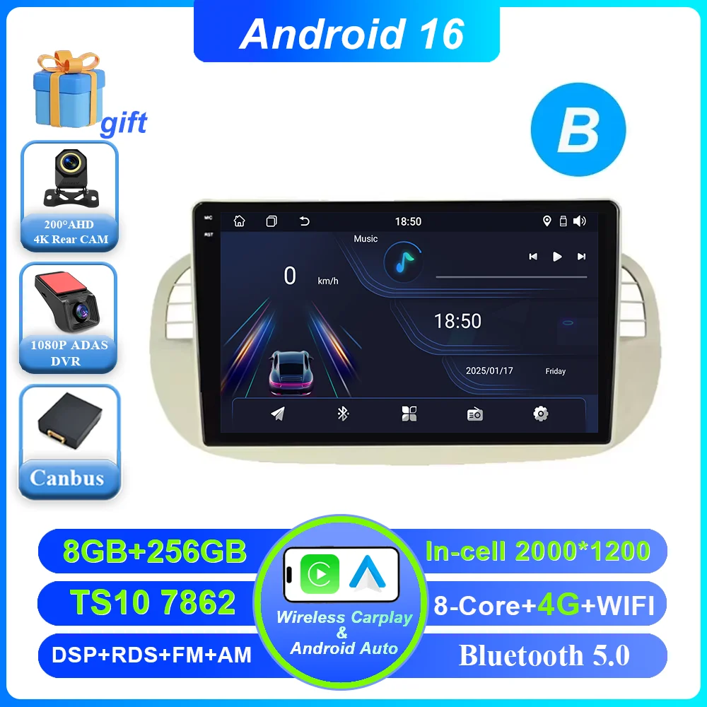 Auto DVD Android 16 Radio Stereo voor Fiat 500 2007-2015 Auto Multimedia Speler GPS Navigatie Hoofdunit Hoge-Prestatie CPU WIFI