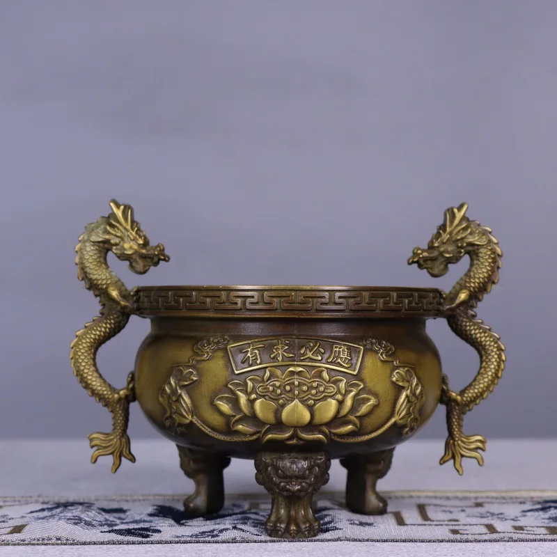 HYS pure copper incense burner household double dragon ear offering three-foot burner Buddhist offering household sandalwood