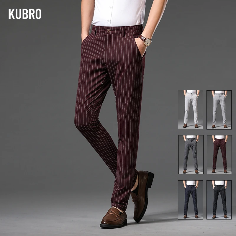 KUBRO Fashion New High Quality Men\'s Suit Pants Straight Long Classic Business Brand England Stripe Elastic Casual Trousers Male