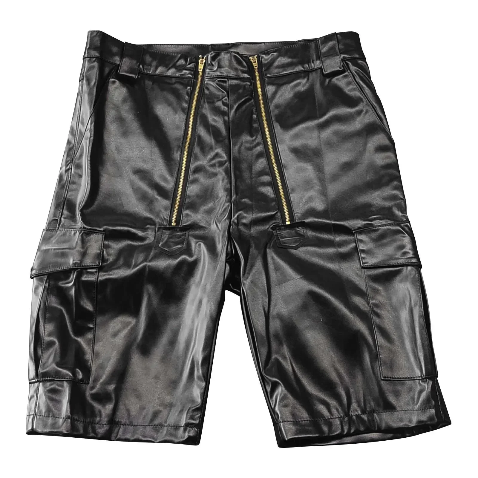 Men Faux Leather Shorts Pants PU Casual 2024 Motorcycle New Male Summer Black Zipper Riding Pu Cargo Multi-Pockets Street Cloth