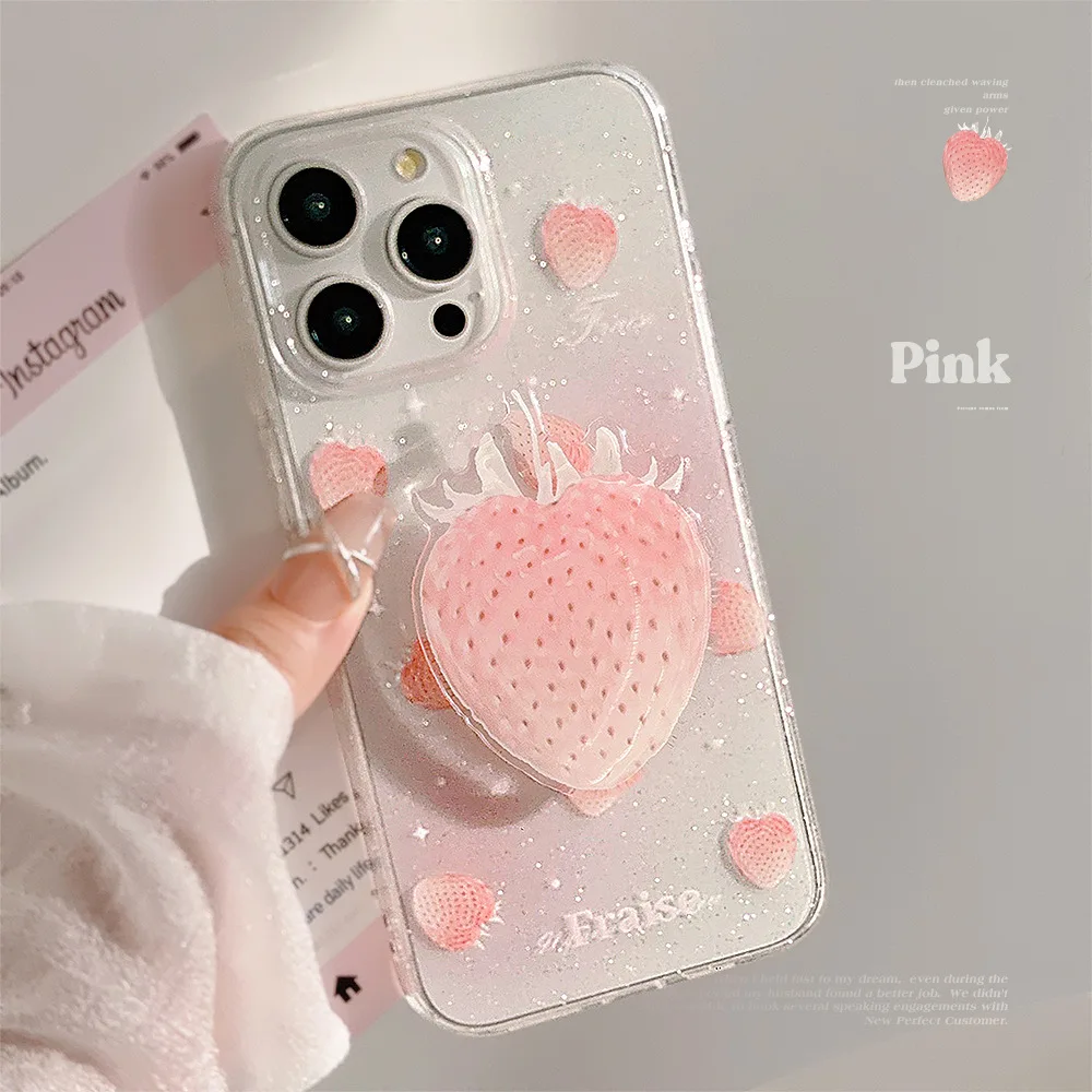Vollbild-Erdbeer-Halterung, glitzernde transparente Handyhülle für iPhone 16, 15, 14, 13, 12, 11, Pro Max, stoßfeste Schutzhülle