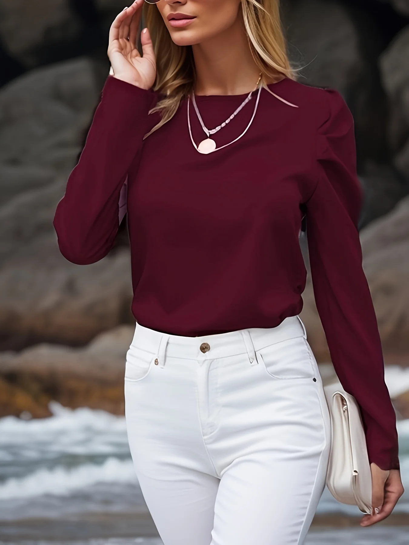 Fashionable Europe And The United States Casual Simple Pure-Color Shrug Round Neck Long-Sleeved Strappy Shirt Blouse