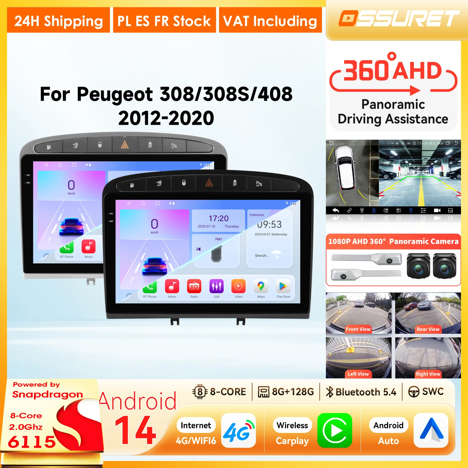 Autoradio Carplay Android Auto pour Peugeot 308 308SW 2007 - 2015 408 2012 - 2020 RCZ Lecteur multimédia 4G Wifi 2din Caméra 360° Audio voiture