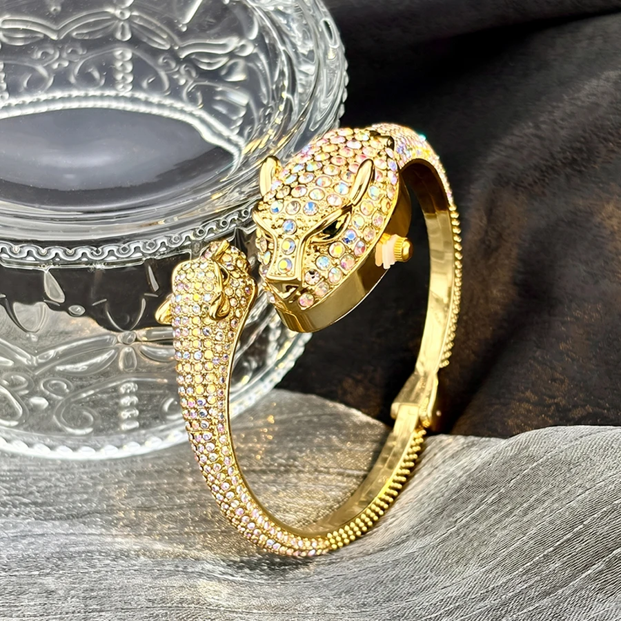 Luxury Diamond Inlaid Double Panther Head Jewelry Wrist Watch