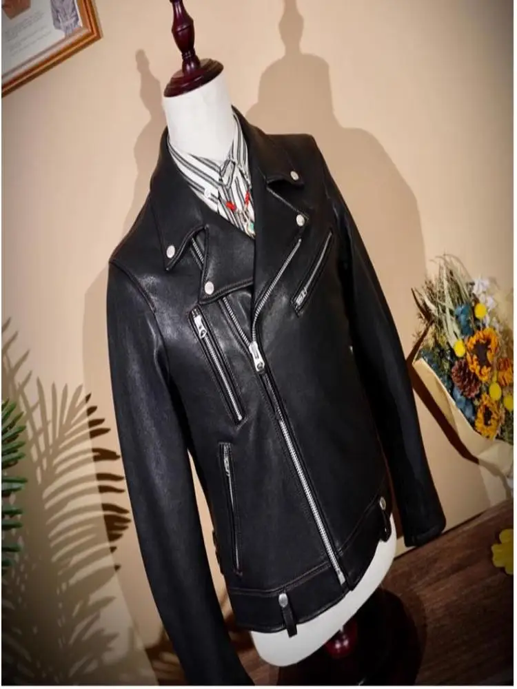 

YR!Free shipping.Double Rider Genuine leather coat.Vintage tanned 1.2mm thick sheepskin jacket.Slim fit wear.Luxury