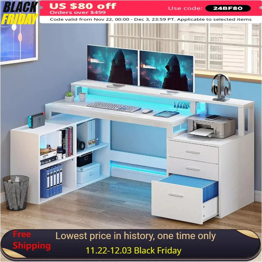 65 Inches Computer Desk File Cabinet Power Outlets Monitor LED Lights Shelf Writing Shelves Drawer Office Study，Computer Desk