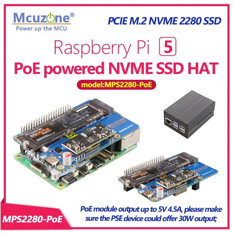 MPS2280-PoE, Raspberry Pi5 PoE powered NVME SSD HAT, PCIE M.2 NVME 2280 SSD,support 2242,2230, POE powerde 5v4.5A