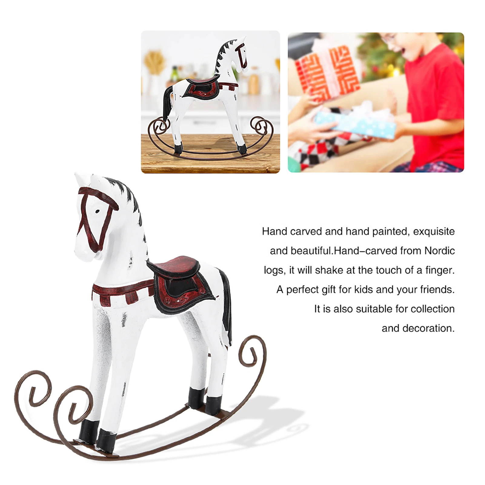 Handmade Wooden Rocking Horse Carved Painted Kids Toy Gift Table Decoration