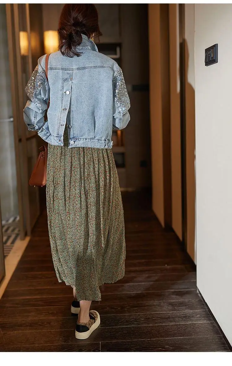 Fashion Sequin Denim Jacket For Women 2025 New Short Loose Slim Denim Coat Tops Sping Autumn Women Heavy Industry Denim Jacket - Image 5