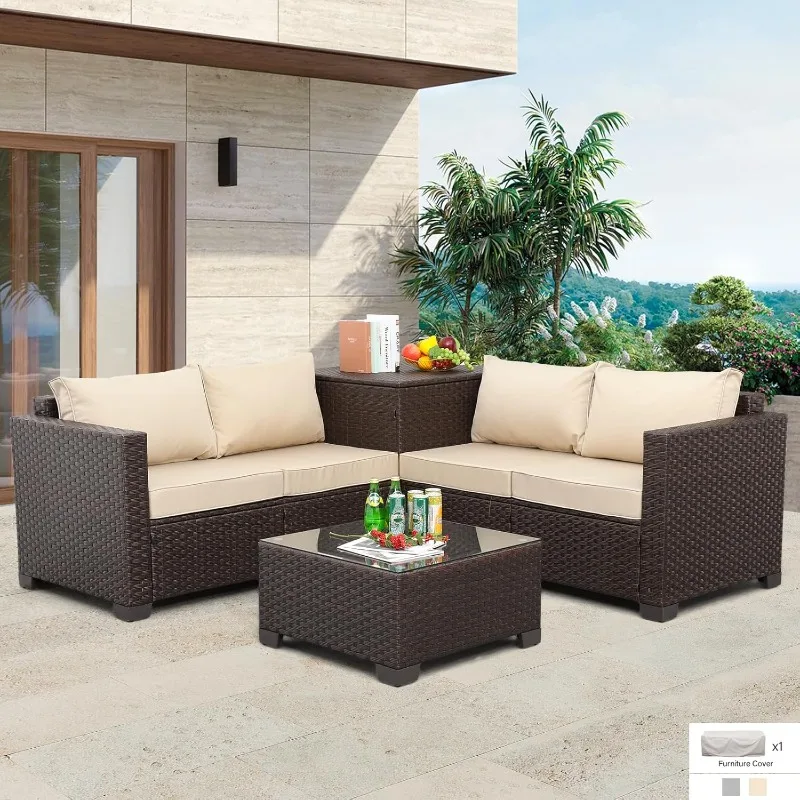 Patio PE Wicker Furniture Set 4 Pieces Outdoor Brown Rattan Sectional Conversation Sofa Chair with Storage Box Table and Khaki C