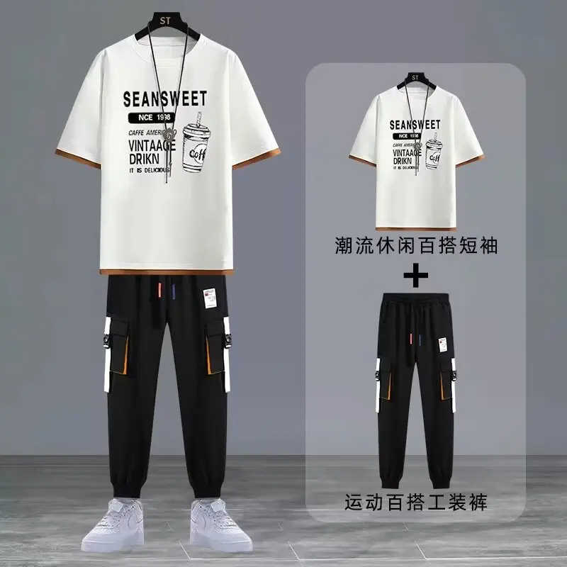 Summer Men\'s Sets Trend T-shirt Multi-pocket Cargo Pants 2 Piece Sets High Quality Fashion Sports Suits Men Clothing 2024