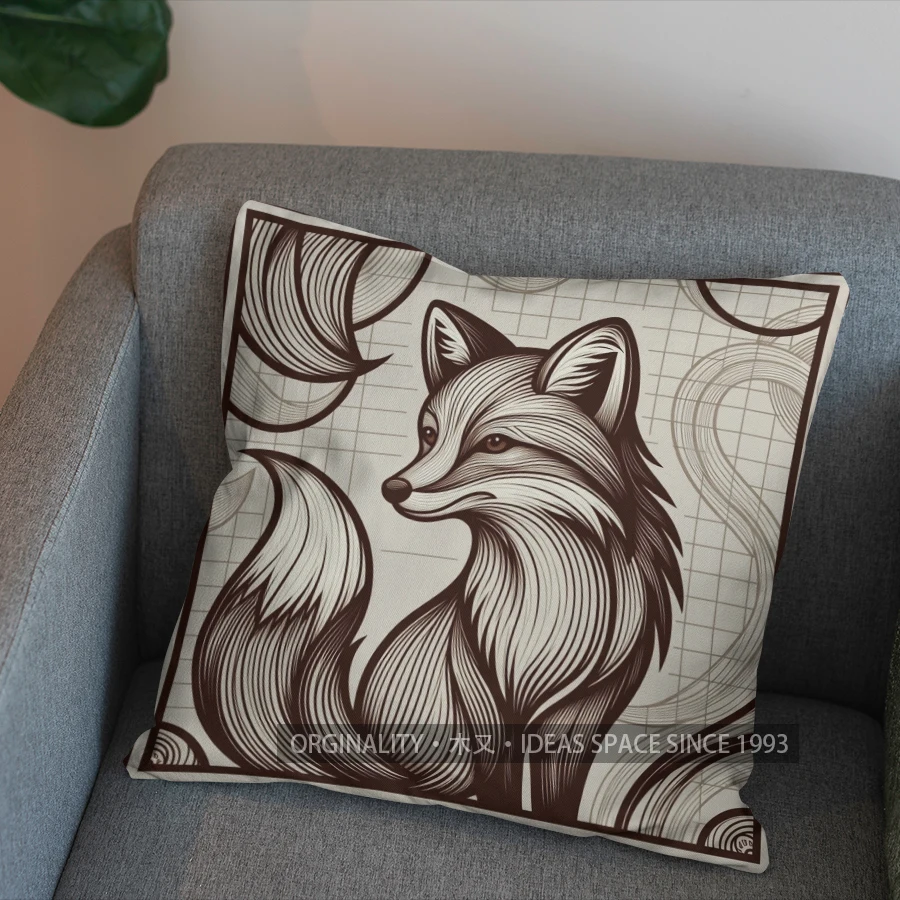 Monochrome Sketch Fox Pillow Covers, Retro Animal Print Peach Skin Cushion Cover, Unique Home Gift for Farmhouse Bedroom Couch D