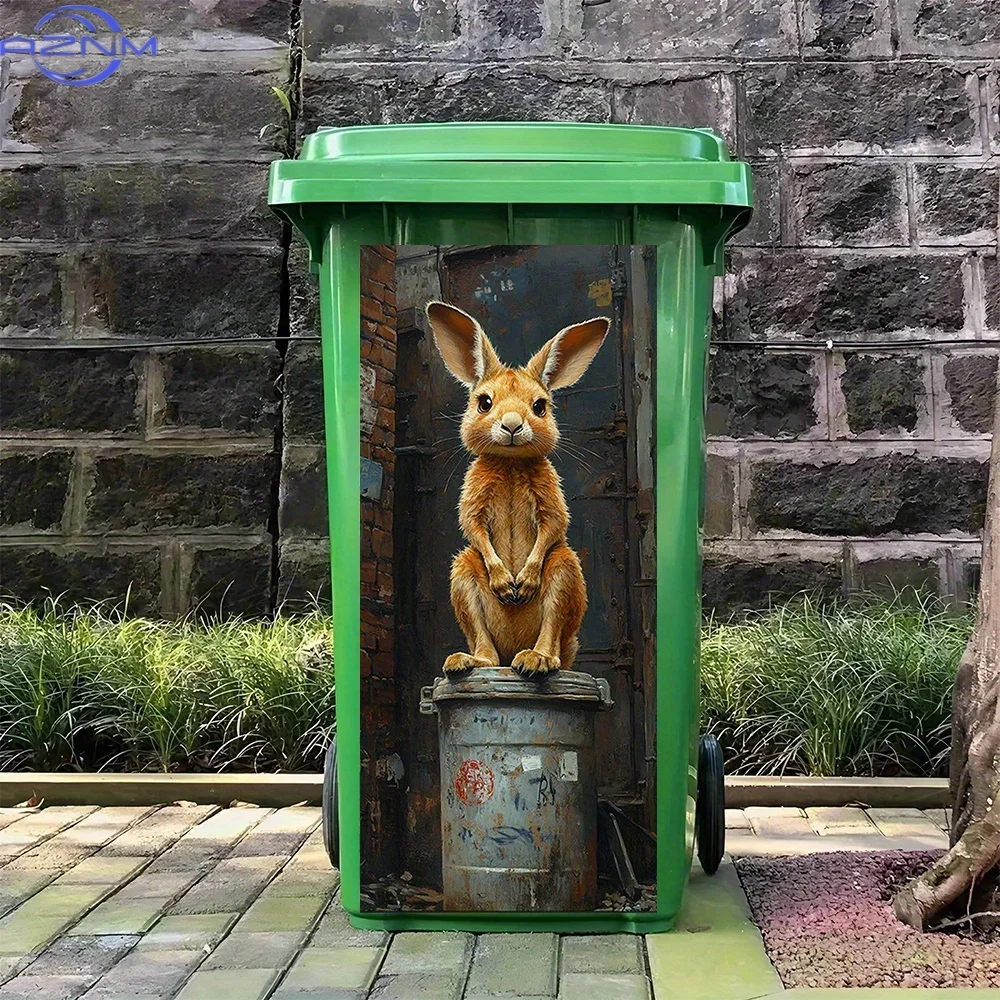 1pc Fluffy Bunny on Rusty Gray Trash Can Waterproof PVC Self-Adhesive Bin Sticker - 30.99x70.0 cm Cute Animal-Themed Wall & Tr