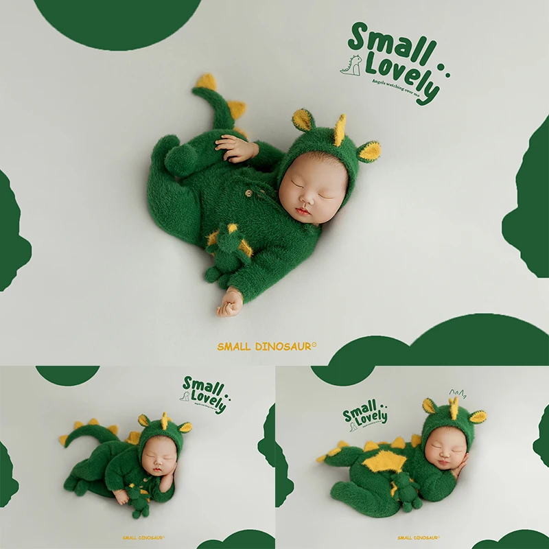 Newborn Dinosaur Clothes Baby Boy Photography Outfits Cute Knitted Green Dragon Jumpsuit Doll Studio 0-1 Month Infant Photo Prop