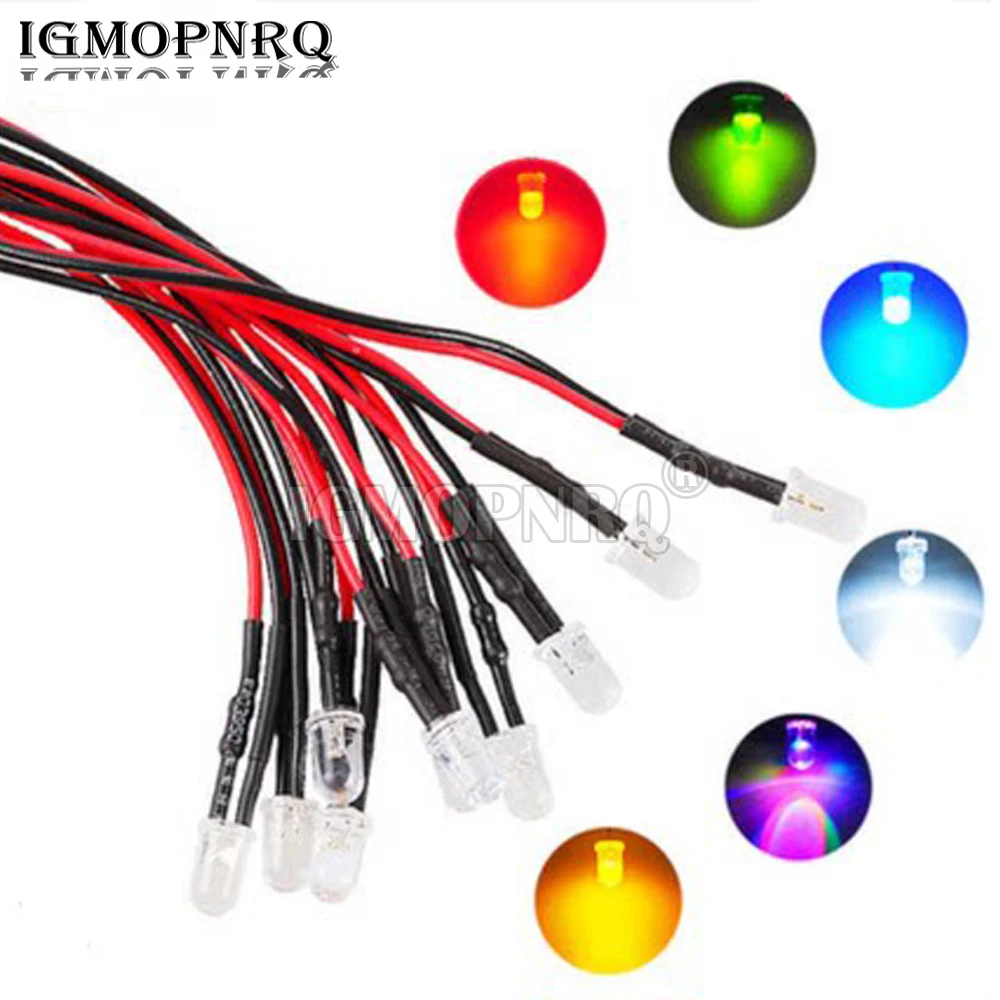 10PCS 5MM LED 24V 12V 3-6V With Line LED Light-emitting Diode/12V Line Length 20CM White Hair White Red Orange Yellow Green Blue