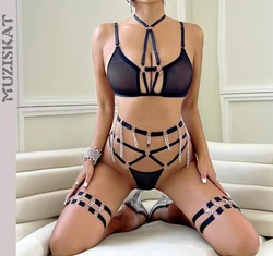 2024 Summer Explosion Models Sexy See-Through Mesh Heavy Metal Straps Hanging Neck Erotic Lingerie