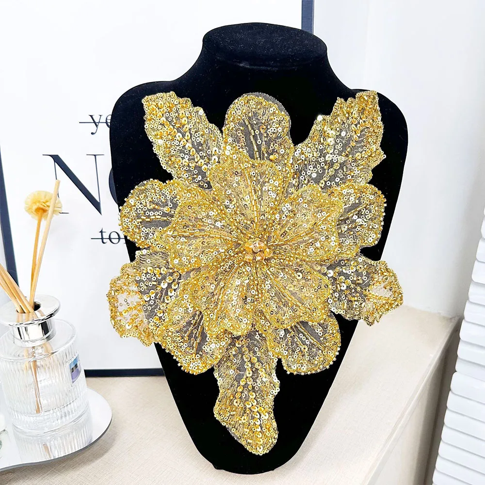 Fashion Multi Layered Mesh Flower Crystal Studded Pearl Applique For Women Dress Decoration Clothing Fabric Patches Accessories