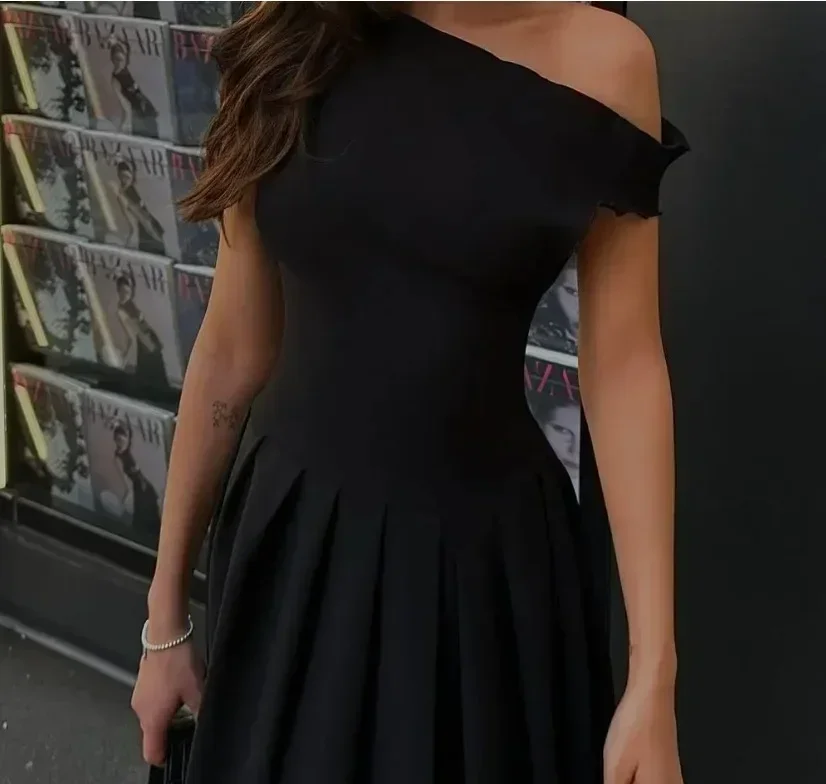 فستان نسائي أنيق ذو ثنيات خضراء موضة رقبة دائرية وأكمام قصيرة فساتين طويلة مرقعة جديدة غير رسمية ملابس مكتب سيدة الشارع #6