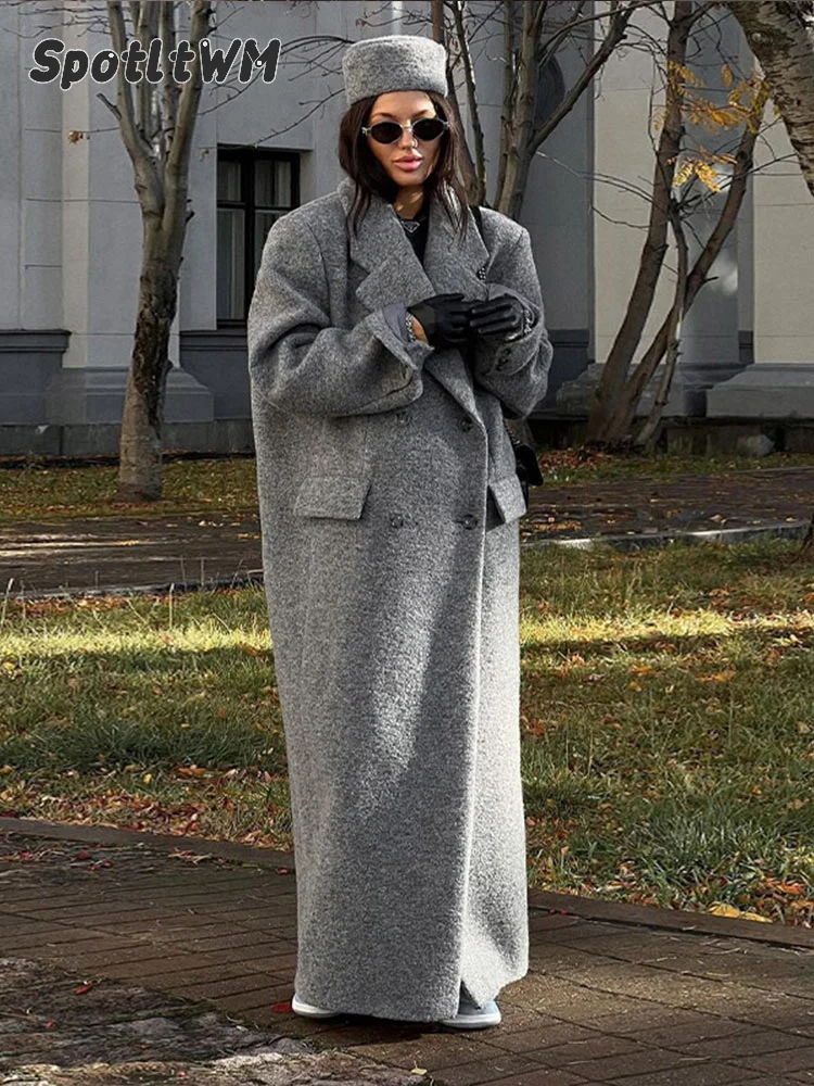 Casaco de lã longo trespassado feminino com bolsos, sobretudo de lapela cinza, mangas compridas, casacos de senhora na rua, casaco elegante, novo, outono, 2022