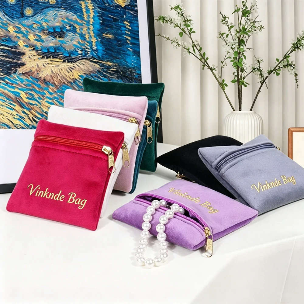 

50Pcs Handmade Rings Necklaces Earrings Bags Luxury Custom Logo Print Velvet Zipper Pouch Perfume Oils Packaging Jewellery Bag