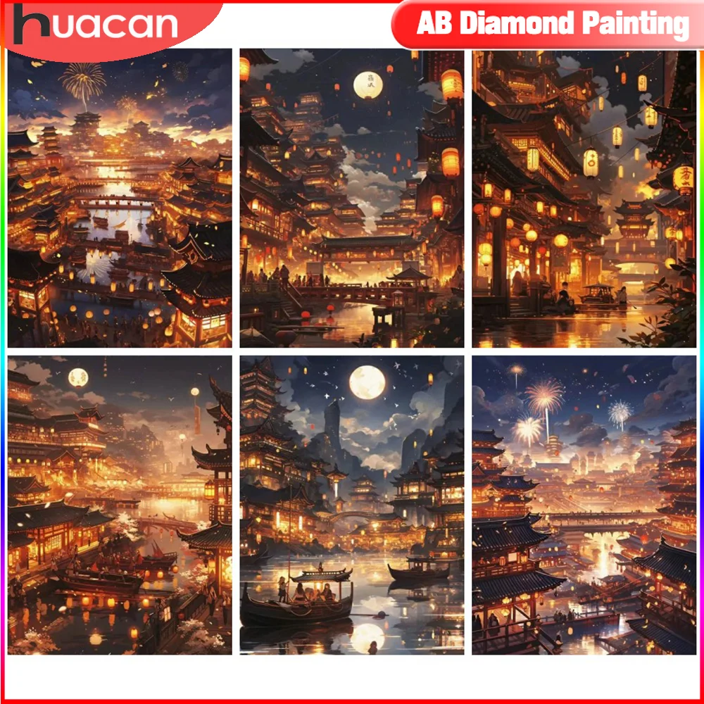 HUACAN Landscape Diamond Painting Temples Lanterns Full Square/Round Mosaic Night 5D DIY Paintings For Interior