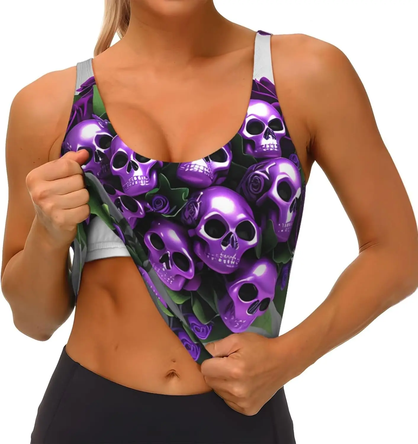سترة رياضية نسائية مطبوعة على شكل جماجم وورود أرجوانية لليوجا والتمارين واللياقة البدنية - كاجوال بدون أكمام للفتيات الرياضيين، أسود كبير