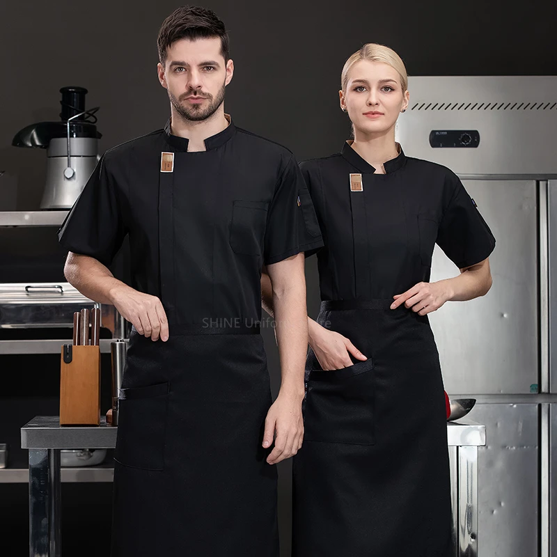 Cucina uomo giacca da cuoco uniforme nera manica corta ristorante cappotto da cuoco grembiule abbigliamento da lavoro pantaloncini da cuoco estate traspirante