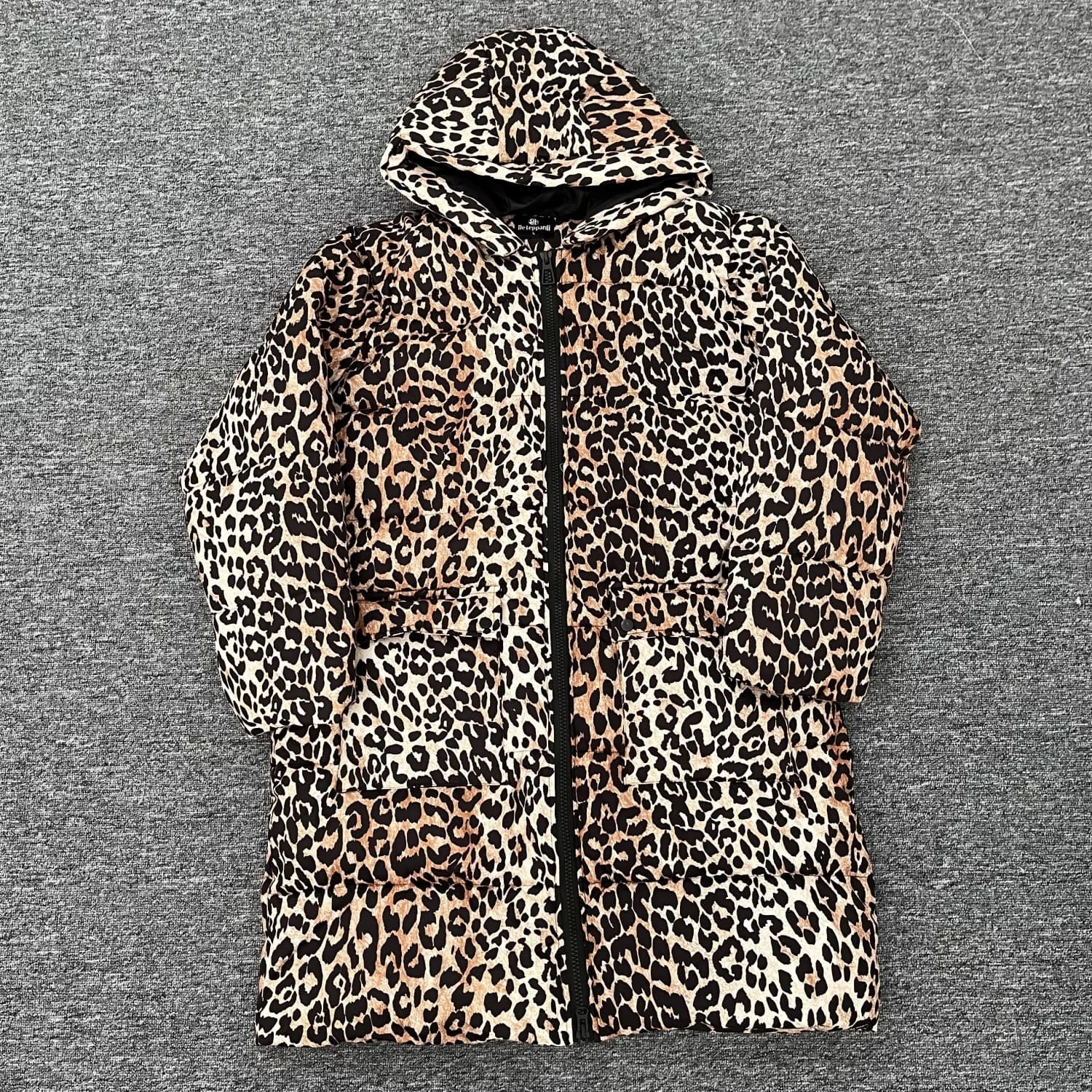 Kar&Otza women's 2024 autumn and winter new hooded jacket leopard print zipper long sleeved commuting fashion long coat