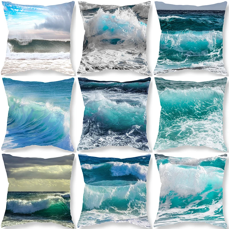 

Blue Ocean Wave Print Throw Pillow Cover For Sofa Bedroom Room Bedside Seat Cushion Home Decor 40x40 45x45 50x50 60x60cm