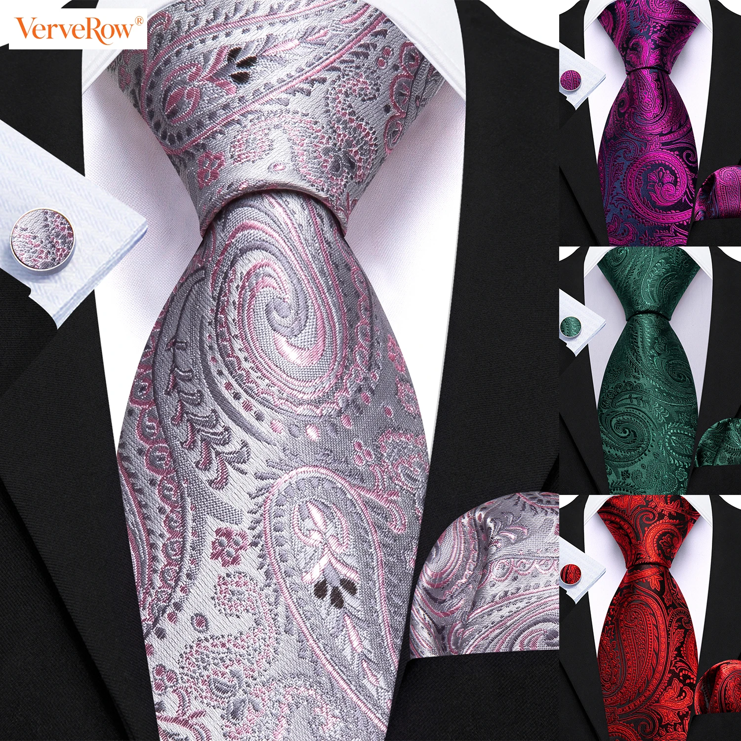 Jacquard Paisley Men Tie Set Elegant Necktie Pocket Square Cufflink Business Wedding Suit Accessories Pink Purple Red Blue Green