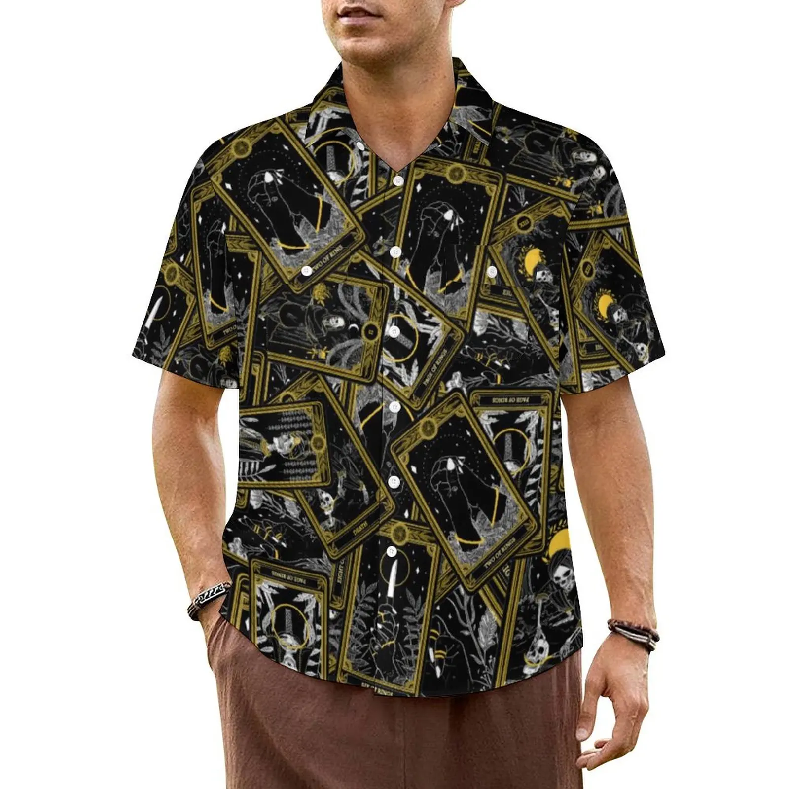 Camisa de playa de cartas de Tarot modernas para hombre, camisas casuales elegantes con estampado Vintage, blusas hawaianas de manga corta, diseño Harajuku, blusas de gran tamaño