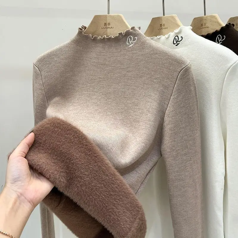 

2024 Women's Autumn Winter New Plus Velvet Sweater Tops Female Semi-turtleneck Knit Tops Ladies Long Sleeve Slim Pullovers V241