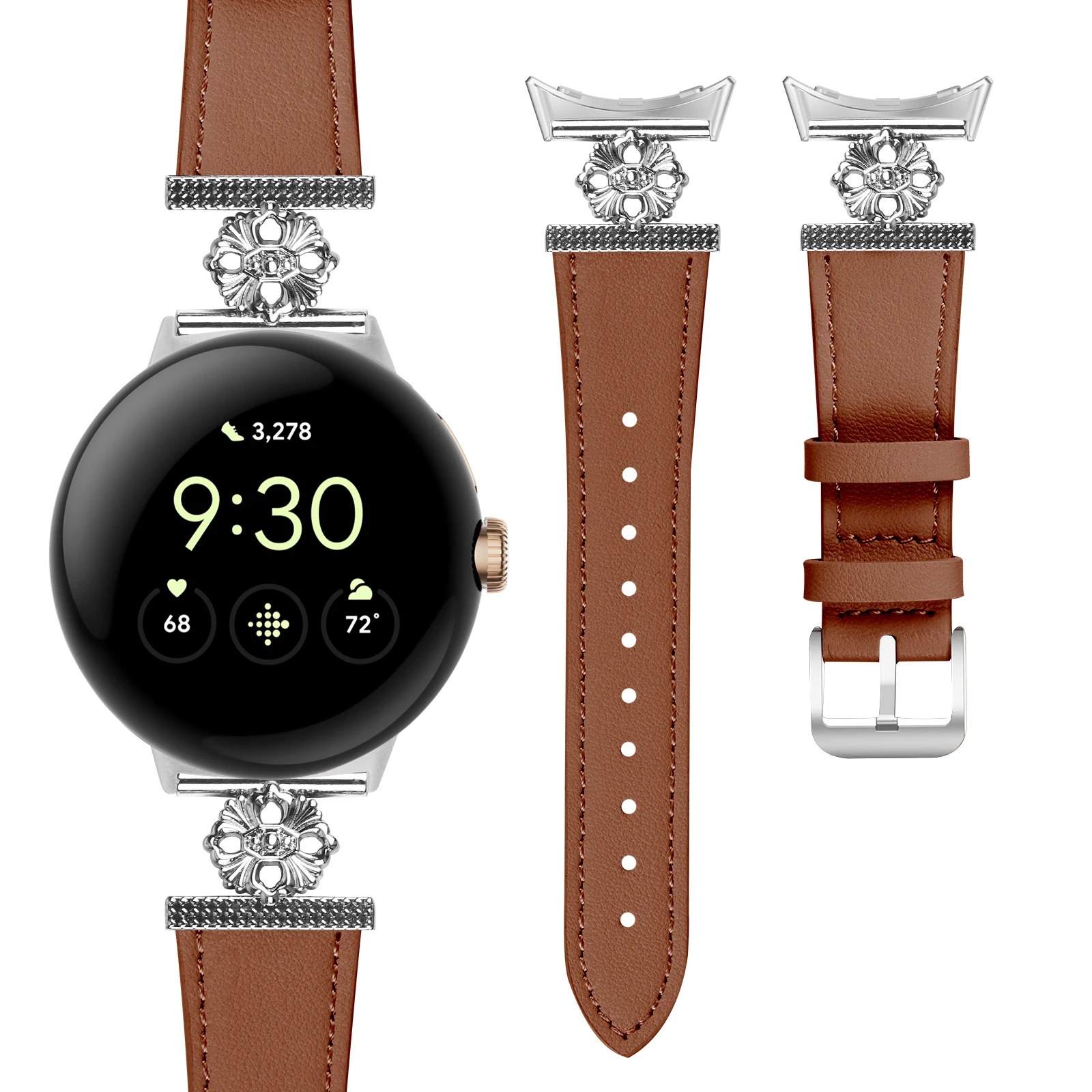 Leather watchband For Google Pixel Watch Smart Watch Four Petals Metal + leather strap for Google pixel Watch 2 band