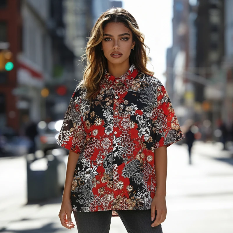 

Vintage Paisley Patchwork Floral Print Shirt Summer Short Sleeve Streetwear Y2K Grunge Casual Harajuku Oversized Unisex Tops