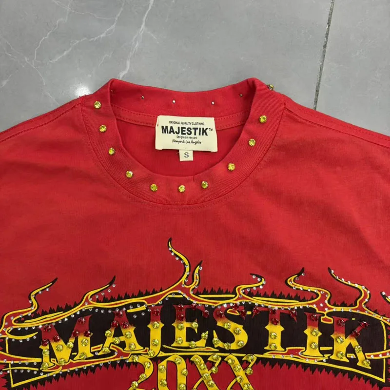 Men Hip Hop Washed Red Majestik T‑Shirt Racing Collage Graphic Rivet Rhinestone Decor Casual Tee Tops