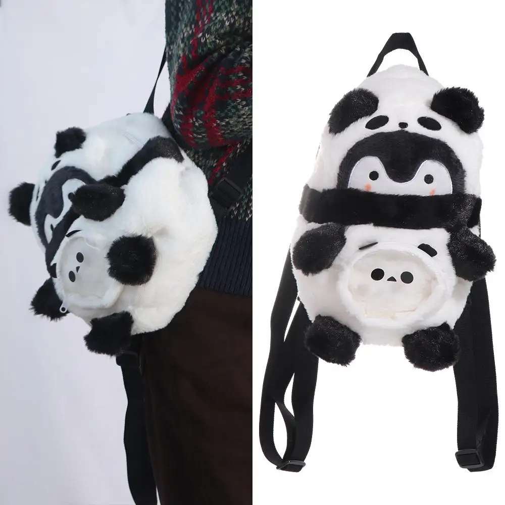 Cartoon Panda Penguin Backpack Large Capacity Adjustable Strap Cartoon Schoolbag Plush Doll Animals Stuffed Plush Doll Gift