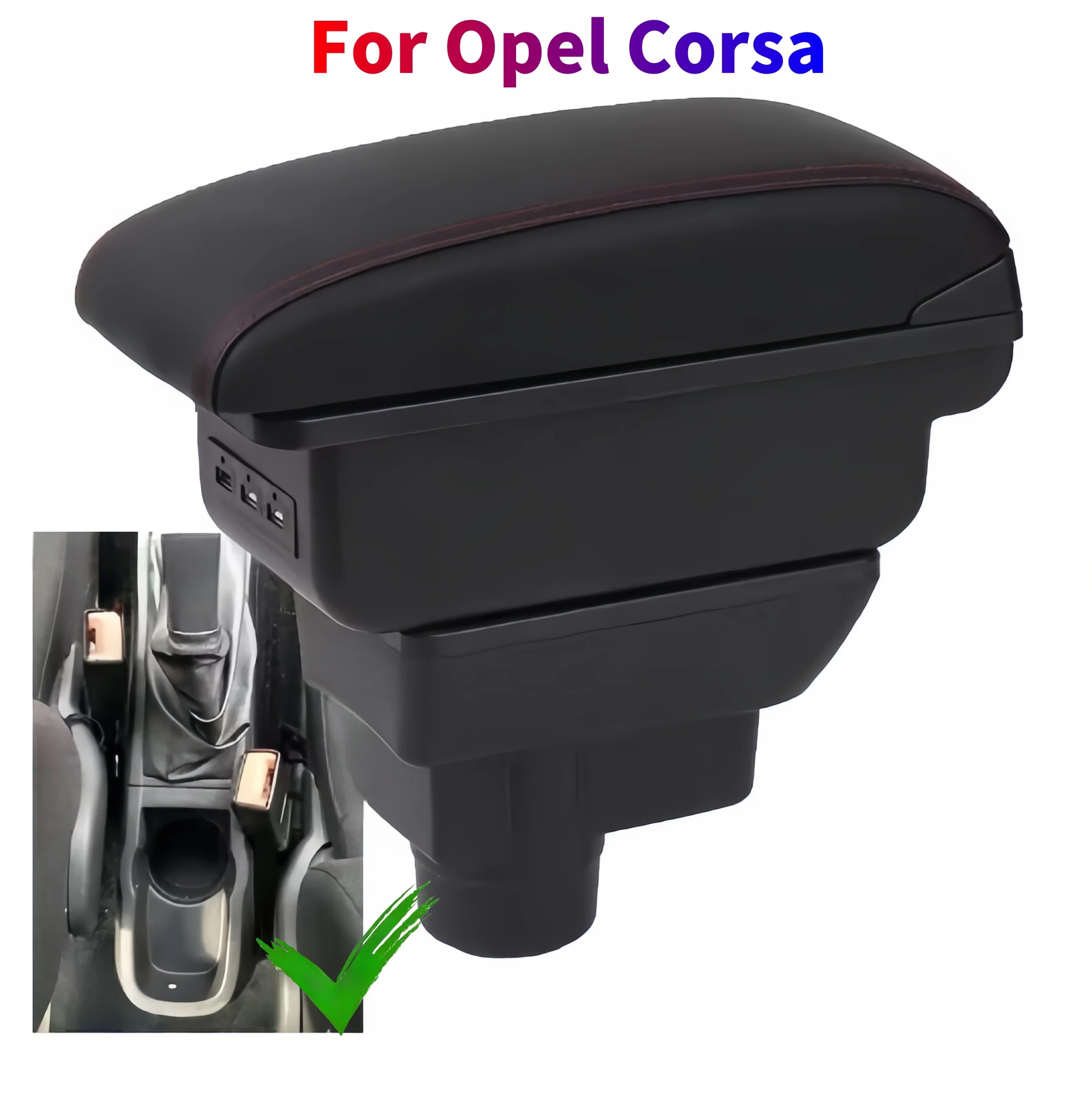 Auto-Armlehnenbox für Opel Corsa D für Opel Corsa, Auto-Armlehnen-Innenmodifikation, Leder-Armlehne, Mittelkonsole, Aufbewahrung, USB
