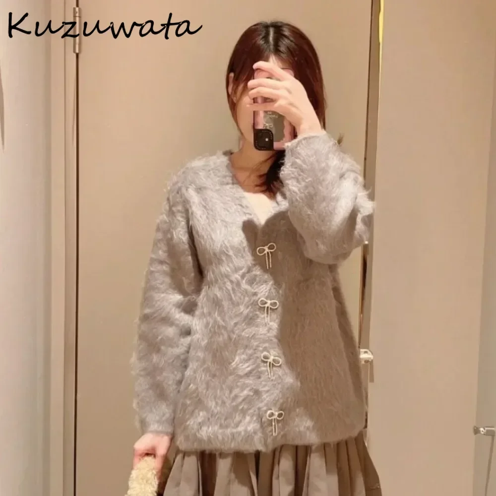 Kuzuwata 2024 Winter New Sweet Fur Fluffy Cardigan Mid-length Knit Solid Bow Button Jumper Japan Luxury Commuter Warm Sweaters