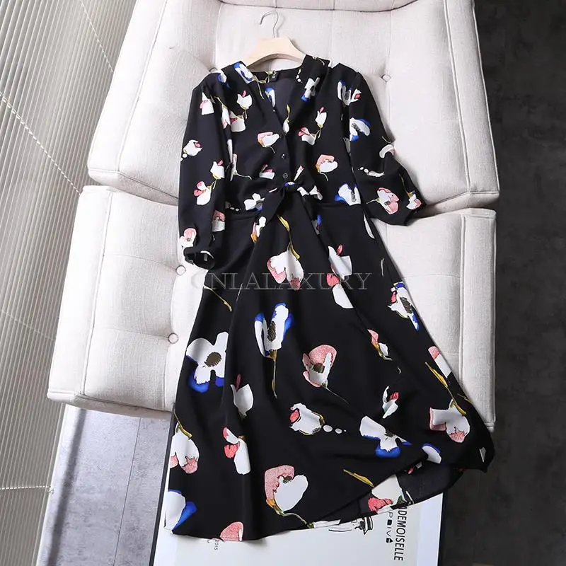 CNlalaxury Women Summer Elegant Button Boho Shirt Dress Fashion Casual Long Sleeve Print V Neck Beach Maxi Dress Veatidos