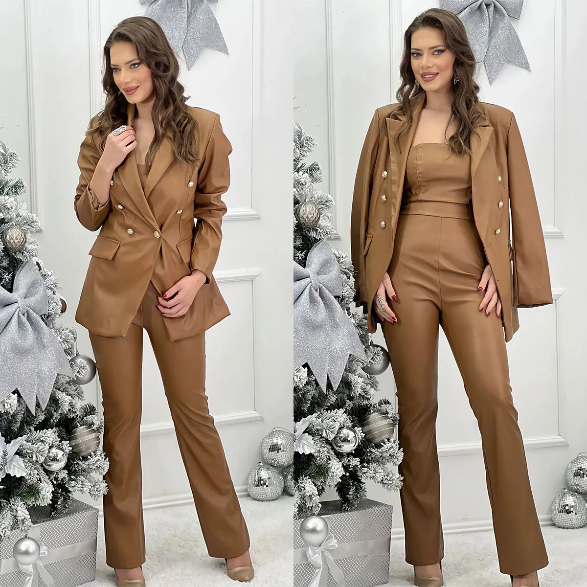 Casual Loose JumpSuits 2 Pieces Vintage Double Breasted Chic Jacket Custom Made Wide Leg Pants Power Casual Dress