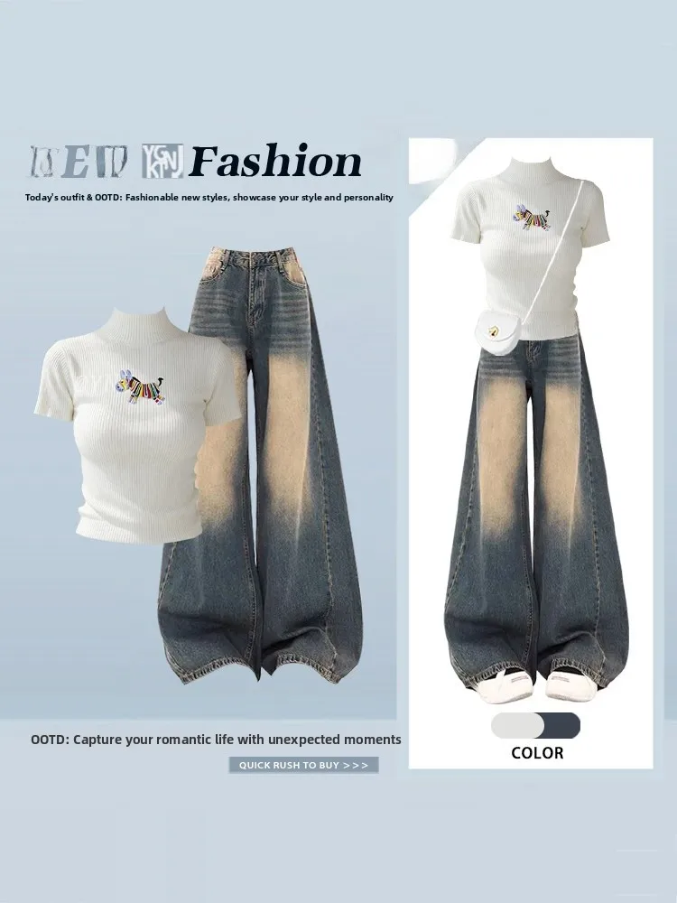 

Summer Slim Fit T-irt Top And Wide Leg Jeans High Waist Two Piece Set Cartoon Pattern Faionable Casual Women's Outfit