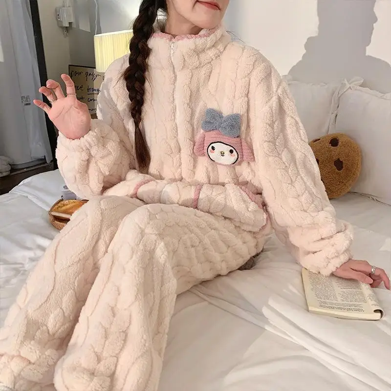 Hot Selling My Melody Sleepwear for Autumn Winter Women Warm Coral Fleece Thickened Zippered Couple's Home Clothes Cute Cartoon