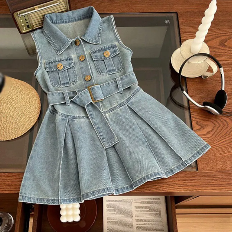 Kids Stylish Vintage Denim Dress Girls Y2K Dress Summer Children Fashion Outing Sleeveless Knee-Length Dress Travel Shoot Wear