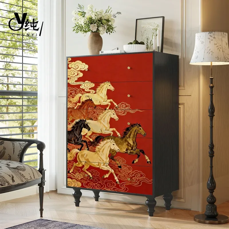 2026 New Horse Pattern Solid Wood Chest of Drawers Decorative Cabinet Bedroom Bedside Table Medium Antique Style Living Room