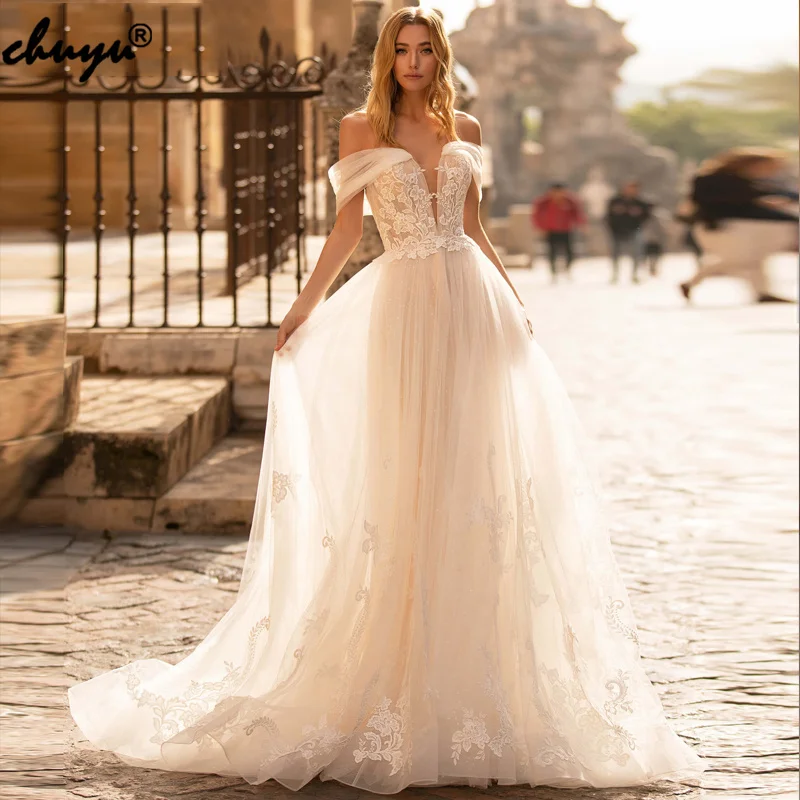 

Boho Summer Long Charming Graceful Tulle Bridal Wedding Dresses Off The Shoulder Appliqued A-line Formal Occasion