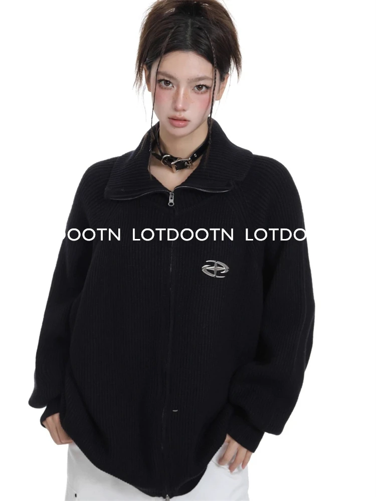 LOTDOOTN Winter Women Cardigan Sweaters Zipper Knitwear Fashion Female High Neck Loose Knitted Jackets Casual Sweater Cardigans