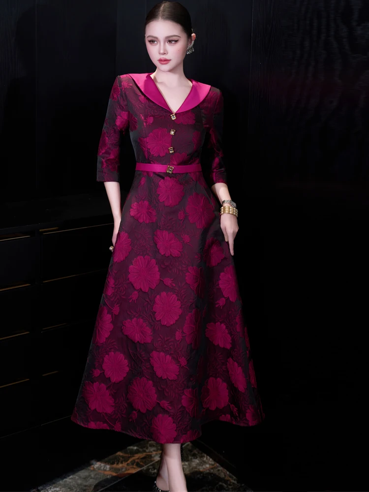 ชุดราตรีหรูหราสไตล์ฝรั่งเศส ผ้าแจ็คการ์ด ทรงเอ เอวสูง ดีไซน์เรียบหรู ยาวสำหรับผู้หญิง ฤดูใบไม้ผลิ 2026